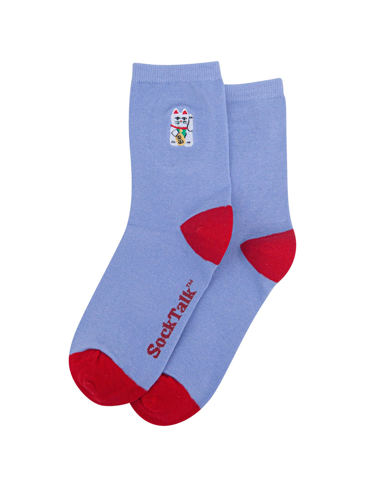 Lucky-Cat-Combed-Cotton-Embroidered-Socks-in-Blue/Red-Laid-Flat