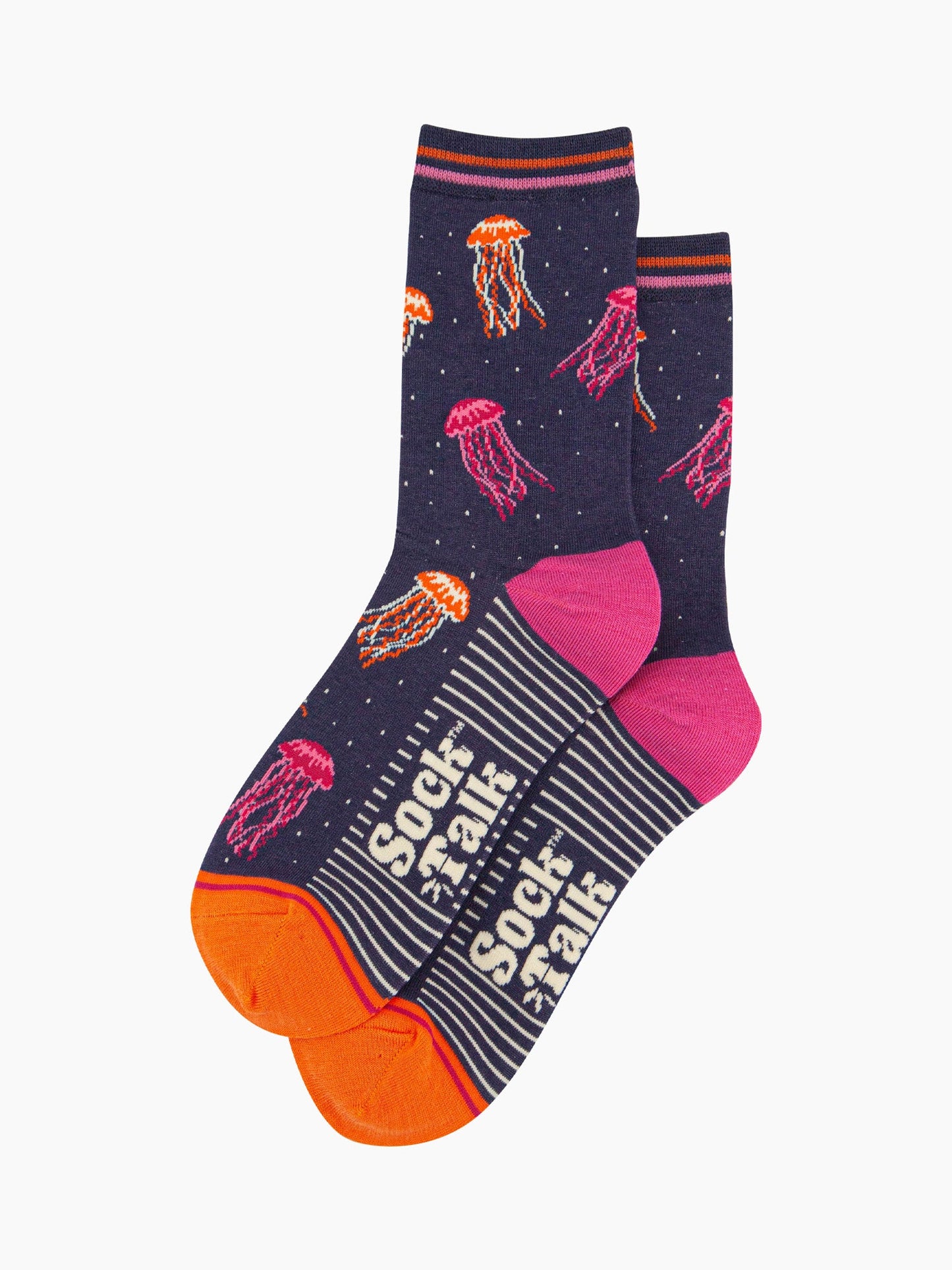 womens-bamboo-socks-navy-jellyfish-laying-flat-the-jellyfish-pattern-covers-the-design
