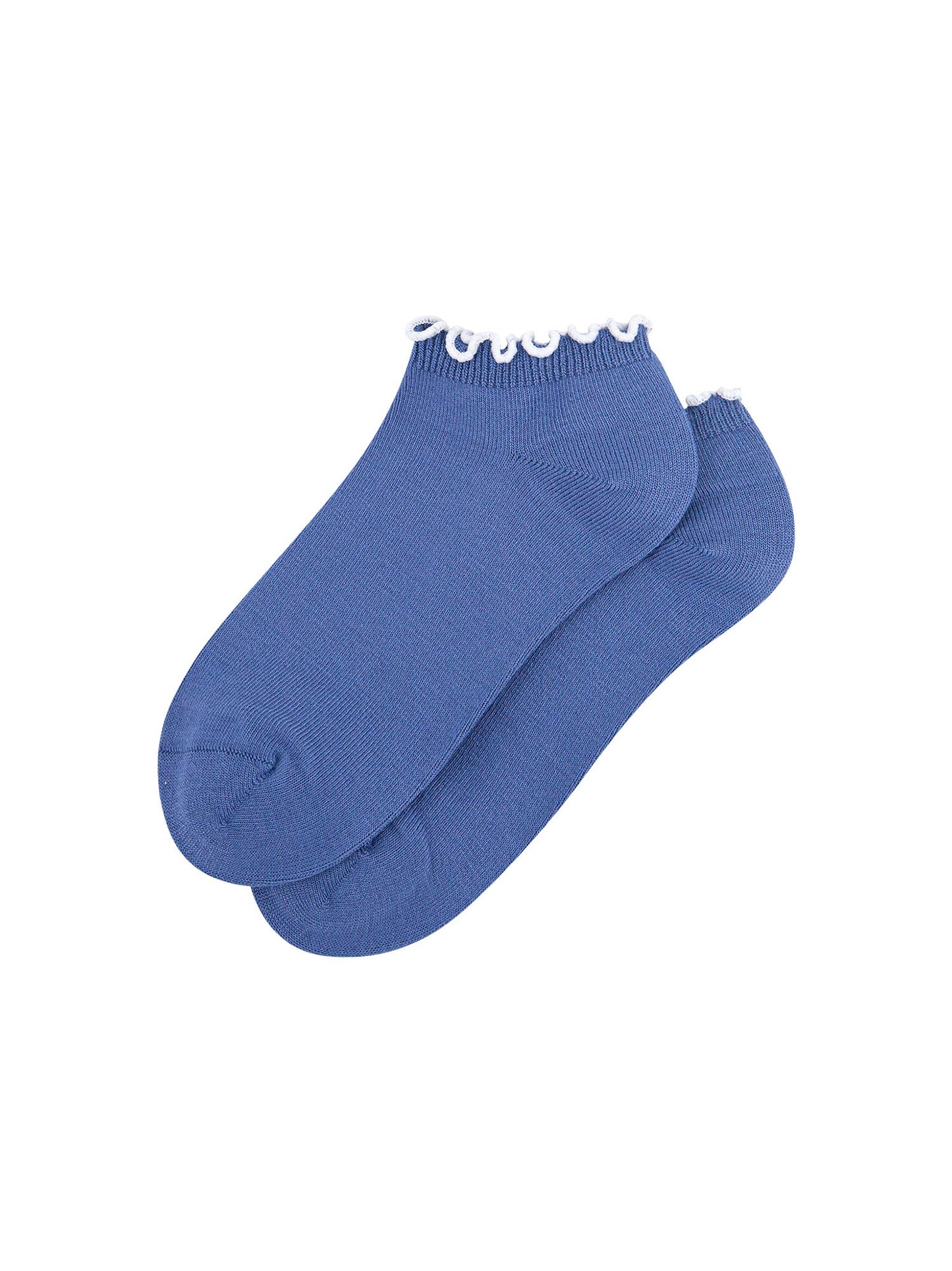 Frilly-Trim-Bamboo-Trainer-Socks-in-Blue-White-Lying-Flat