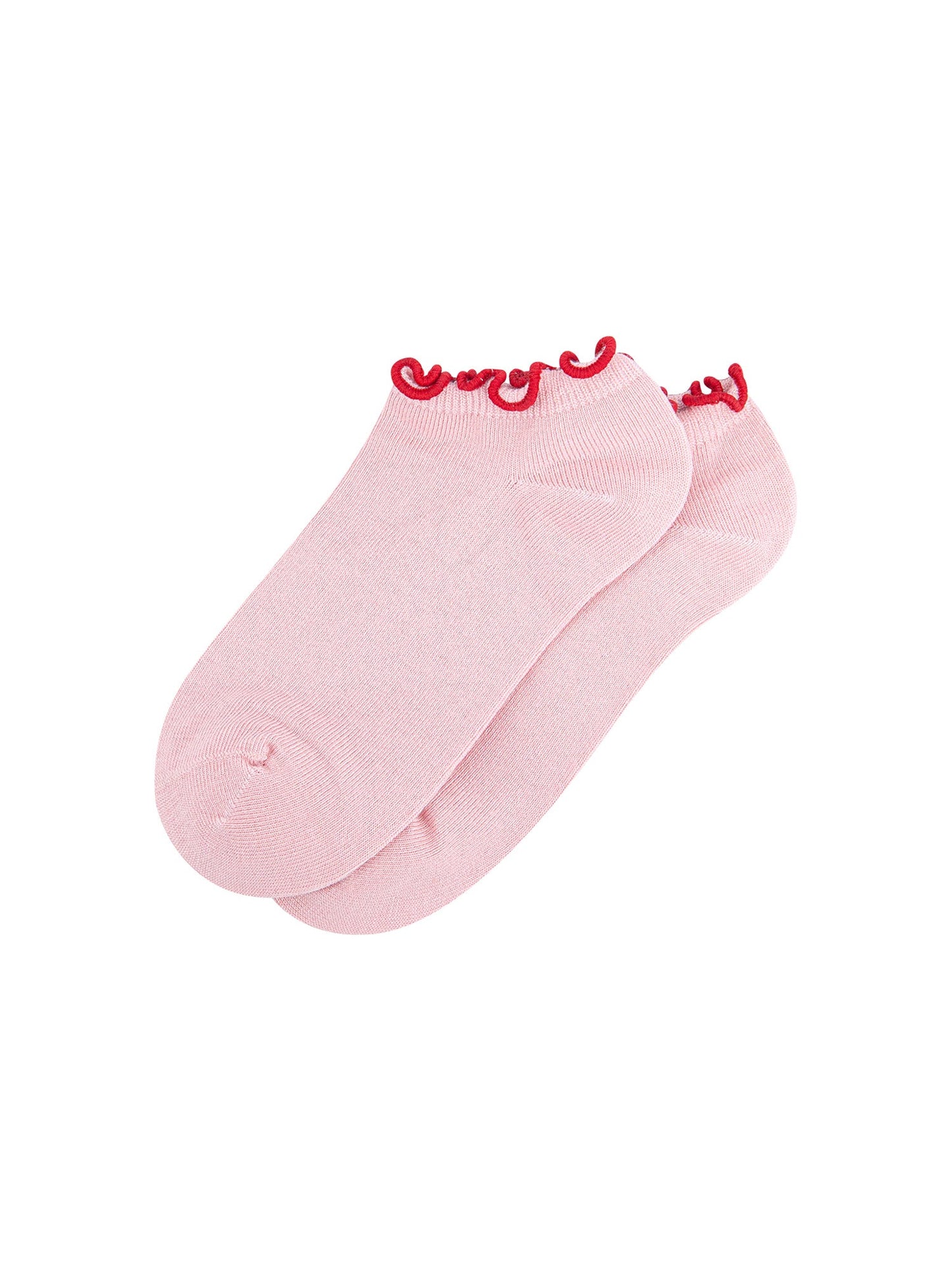 Frilly-Trim-Bamboo-Trainer-Socks-in-Pink-Red-Lying-Flat