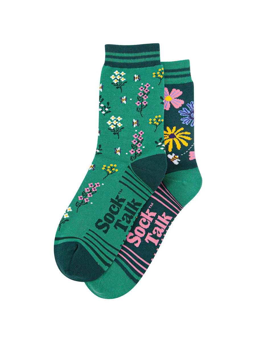 Floral-Combed-Cotton-Odd-Socks-in-Green-Lying-Flat