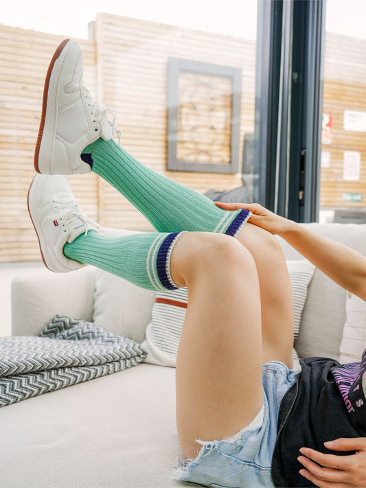 Striped Combed Cotton Knee High Glitter Socks in Green/Navy