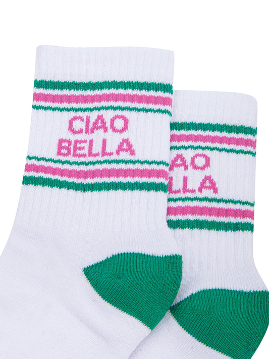 Ciao-Bella-Organic-Cotton-Sports-Socks-in-White/Green-Close-Up