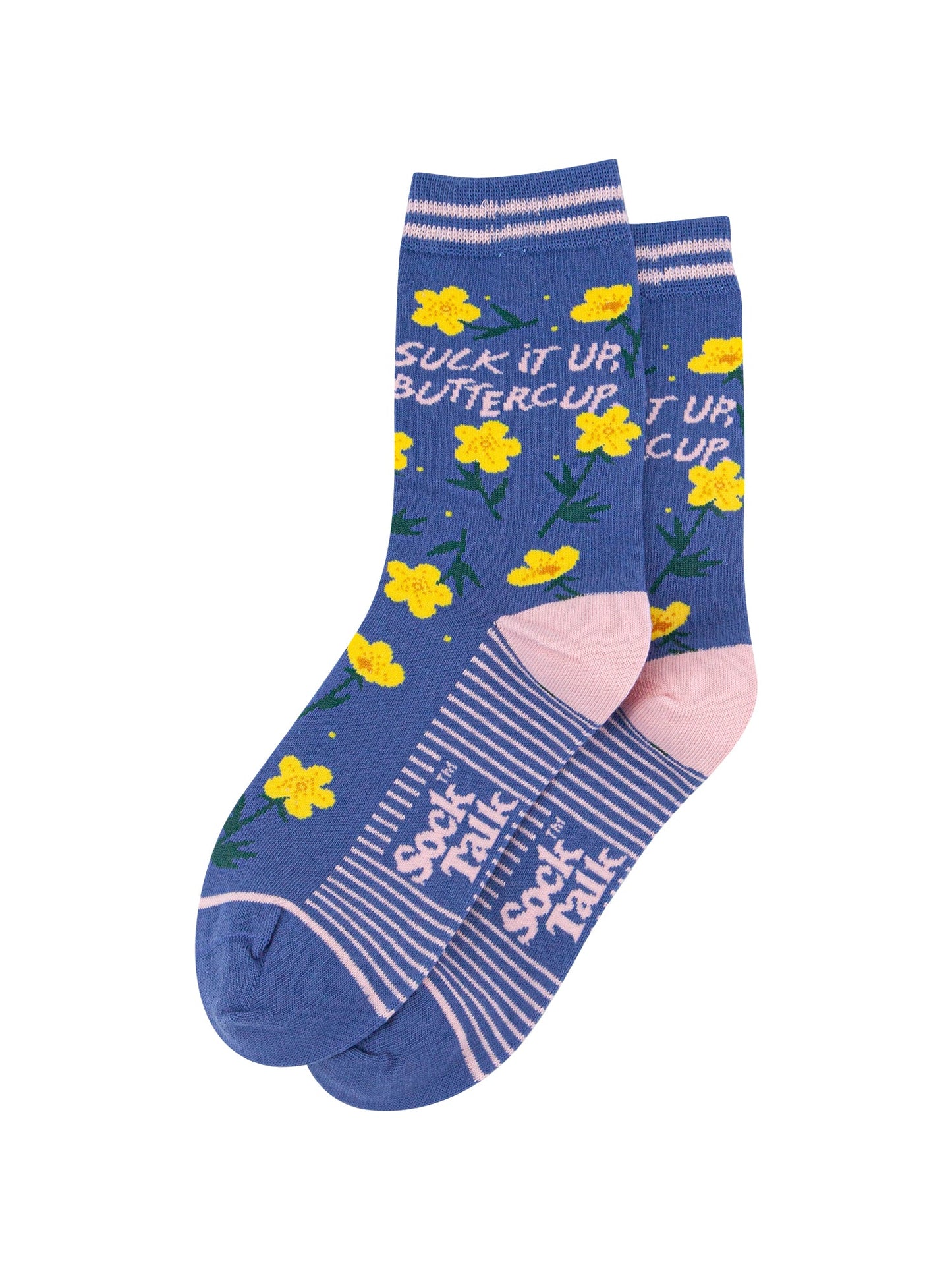 Suck-It-Up-Buttercup-Combed-Cotton-Socks-in-Blue-Lying-Flat
