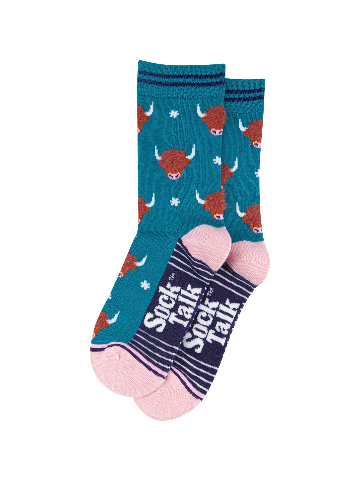 Highland-Cow-Floral-Fluffy-Bamboo-Socks-in-Teal-Lying-Flat