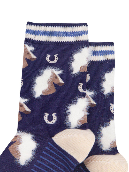 Navy-Horse-Women's-Fluffy-Bamboo-Socks-Close-Up