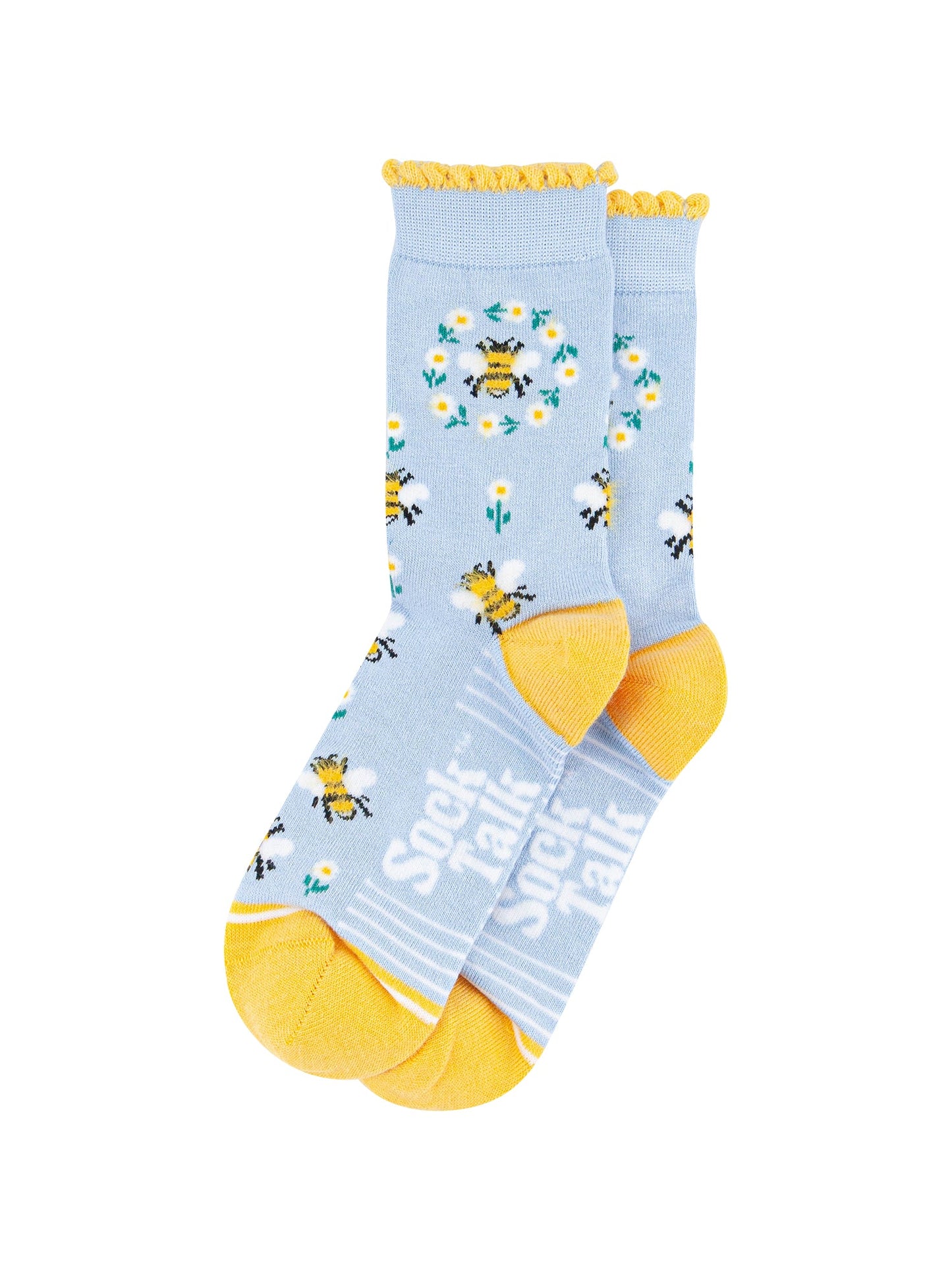 Bee-Wreath-Fluffy-Bamboo-Socks-in-Blue-Lying-Flat