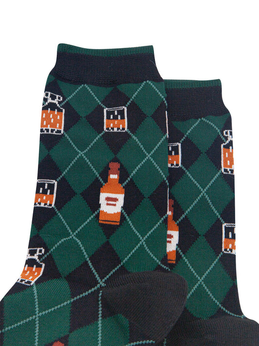 Whisky-Argyle-Men's-Bamboo-Socks-in-Black/Green-Close-Up