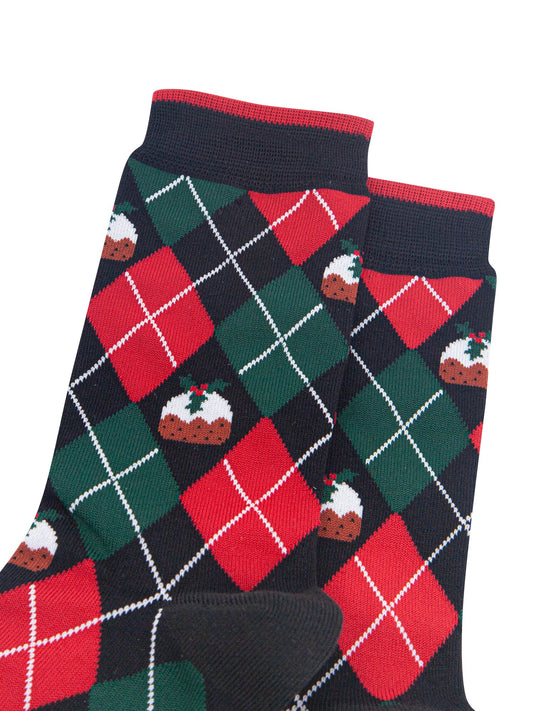 Christmas-Pudding-Argyle-Men's-Bamboo-Socks-in-Black/Green/Red-Close-Up