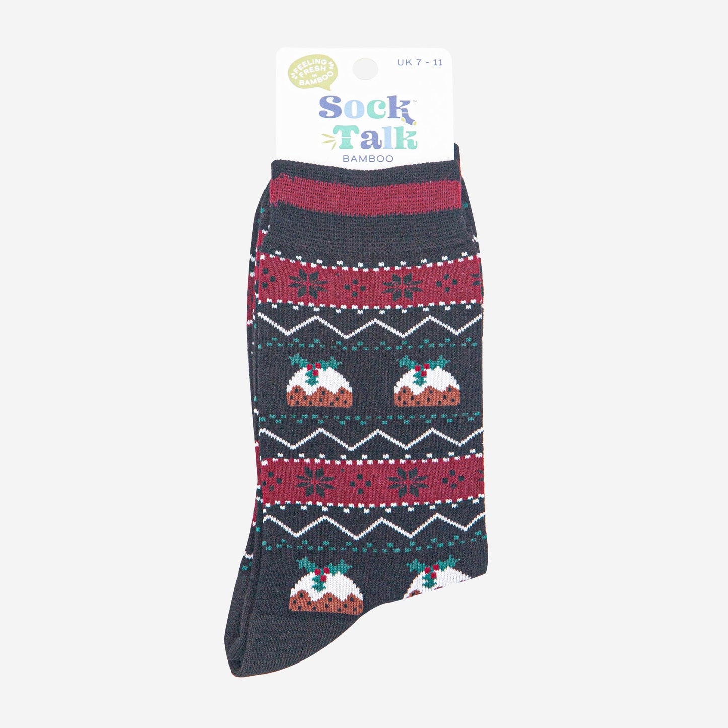 mens-bamboo-socks-black-christmas-pudding-fair-isle-in-sock-talk-packaging