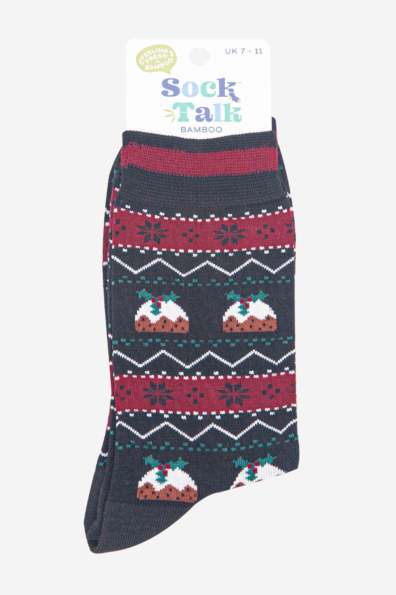 mens-bamboo-socks-black-christmas-pudding-fair-isle-in-sock-talk-packaging