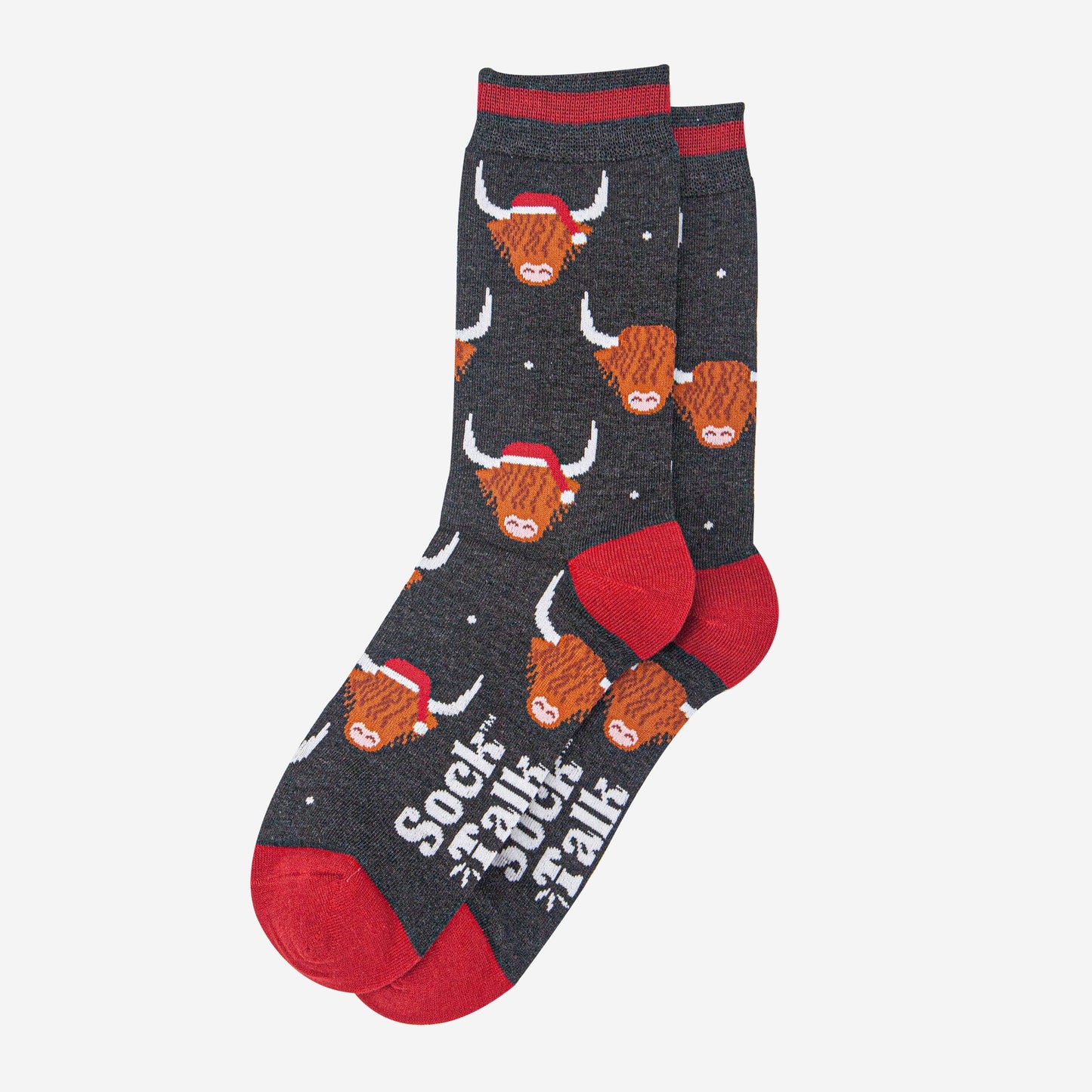mens-bamboo-socks-black-marl-red-santa-highland-cow-laying-flat