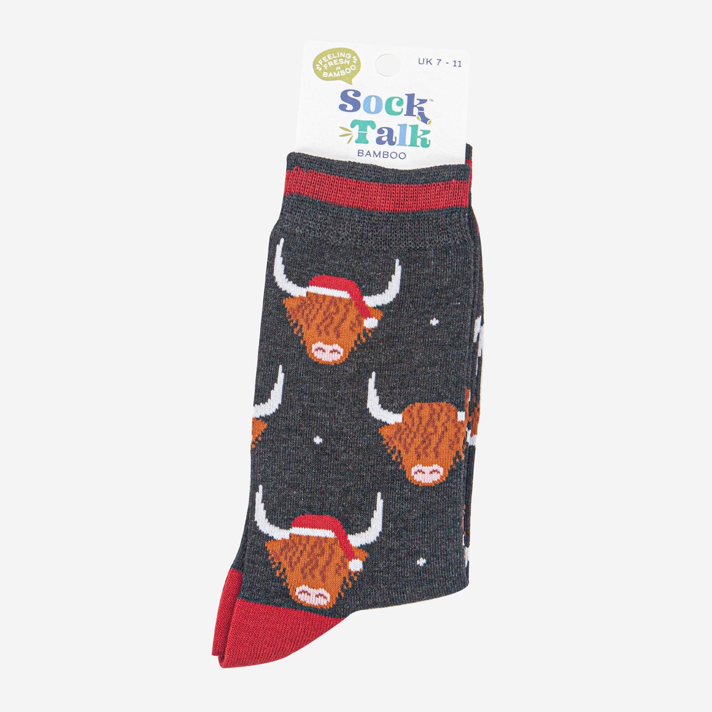 mens-bamboo-socks-black-marl-red-santa-highland-cow-in-sock-talk-packaging