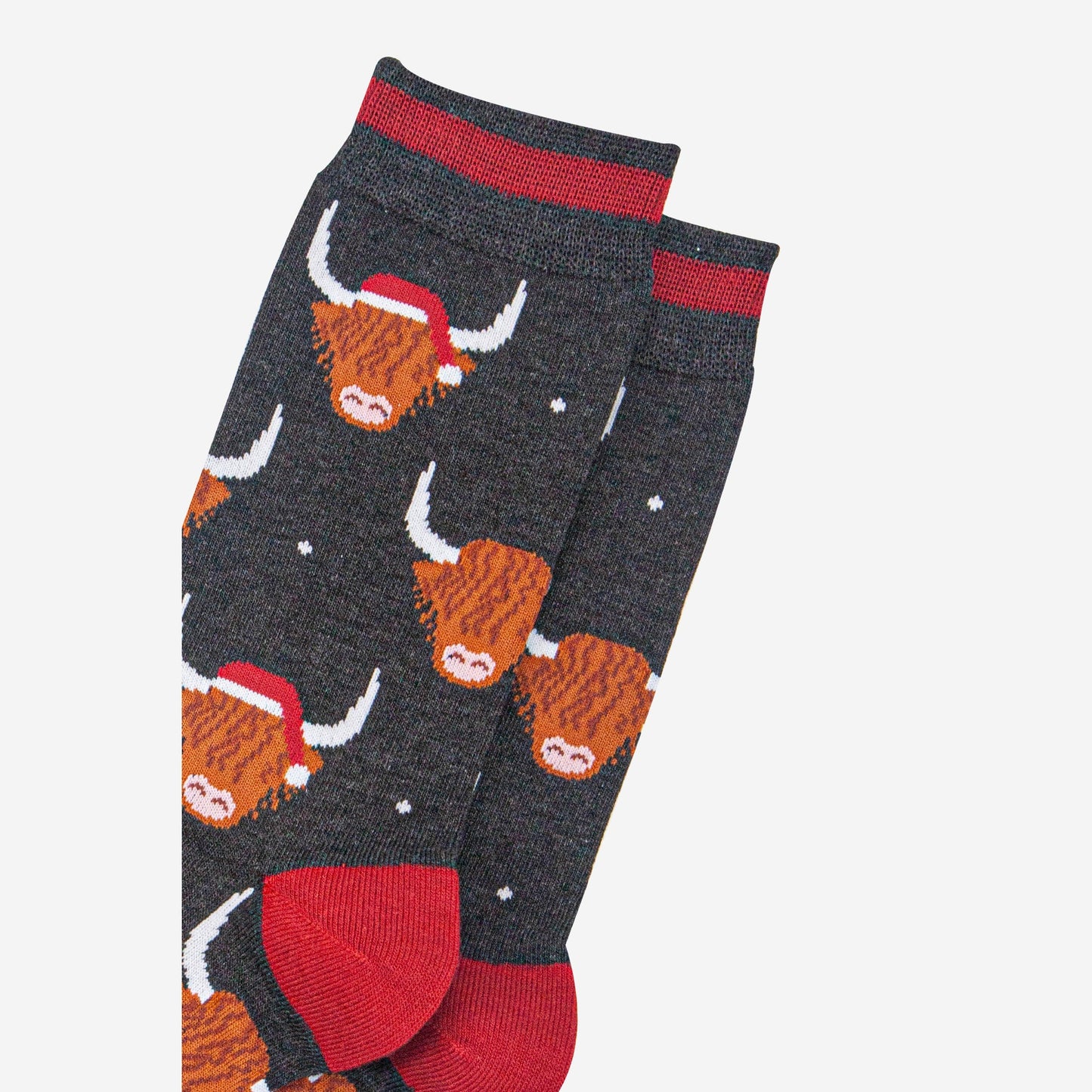mens-bamboo-socks-black-marl-red-santa-highland-cow-close-up