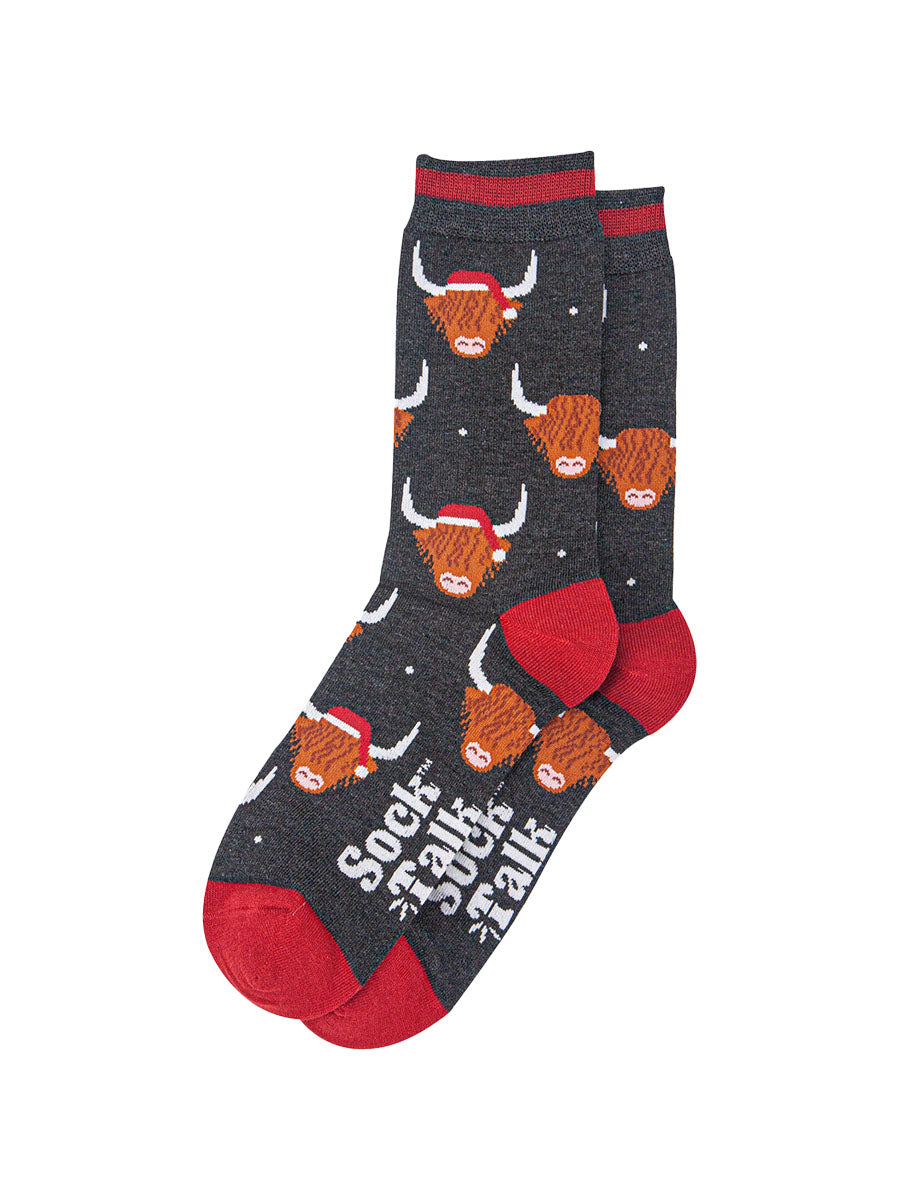 mens-bamboo-socks-black-marl-red-santa-highland-cow-laying-flat