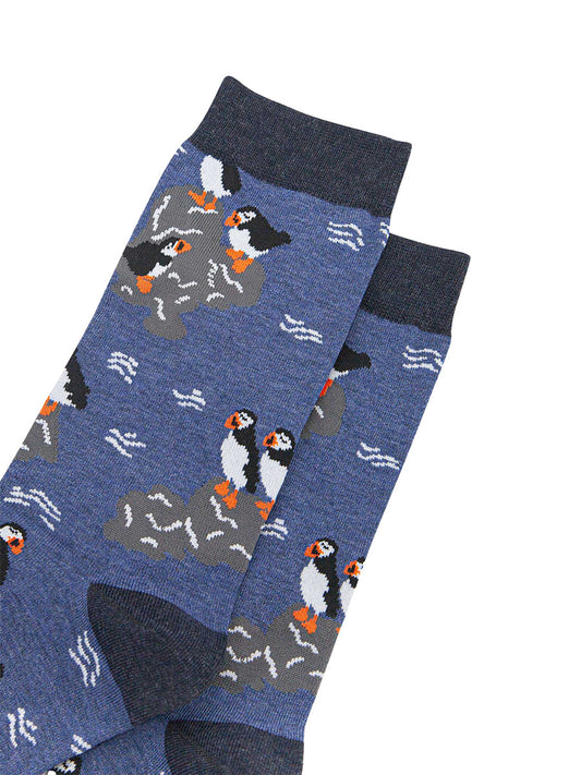 mens-bamboo-socks-denim-blue-puffins-on-rocks-close-up-birds-black-white