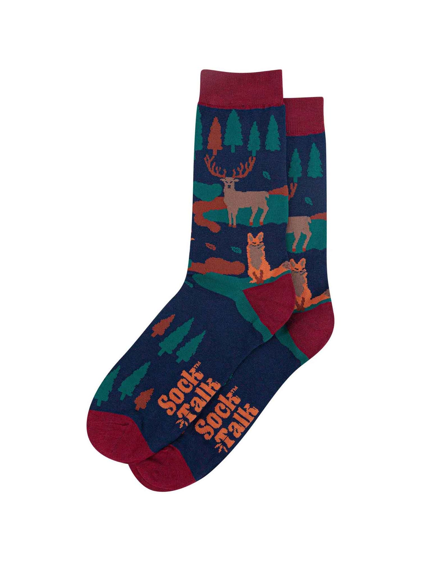 blue, red green bamboo socks with a fox and stag and trees