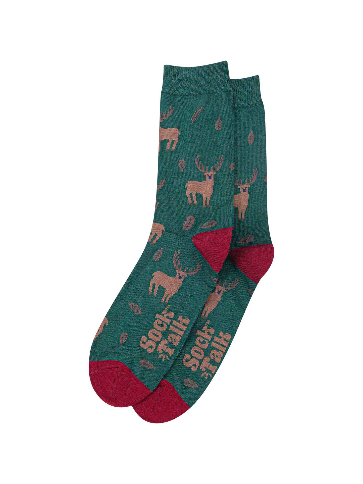 green socsk with red toe and heel, all over stag pattern