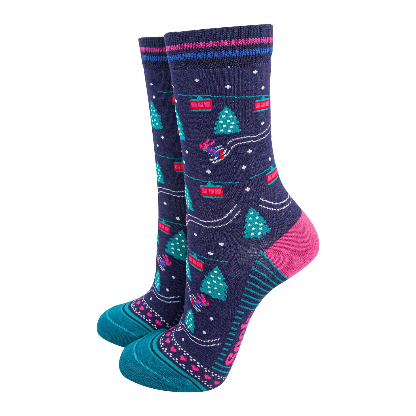 womens-bamboo-socks-navy-blue-green-cable-cars-and-trees-skiing