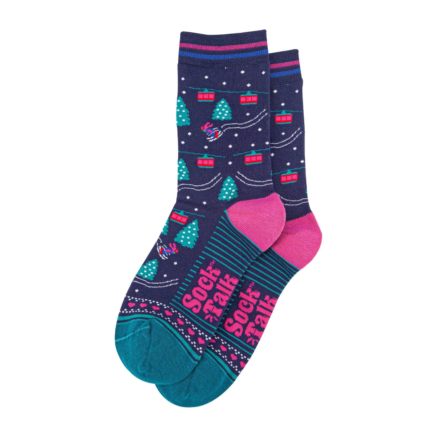 womens-bamboo-socks-navy-blue-green-cable-cars-and-trees-laying-flat