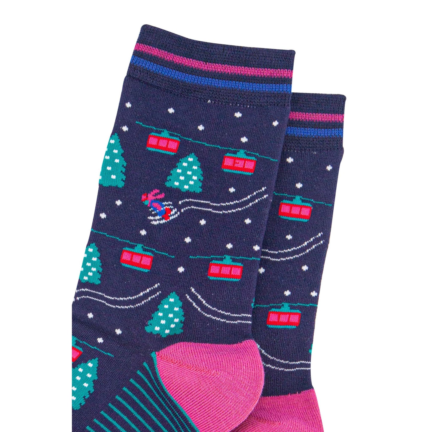 womens-bamboo-socks-navy-blue-green-cable-cars-and-trees-close-up