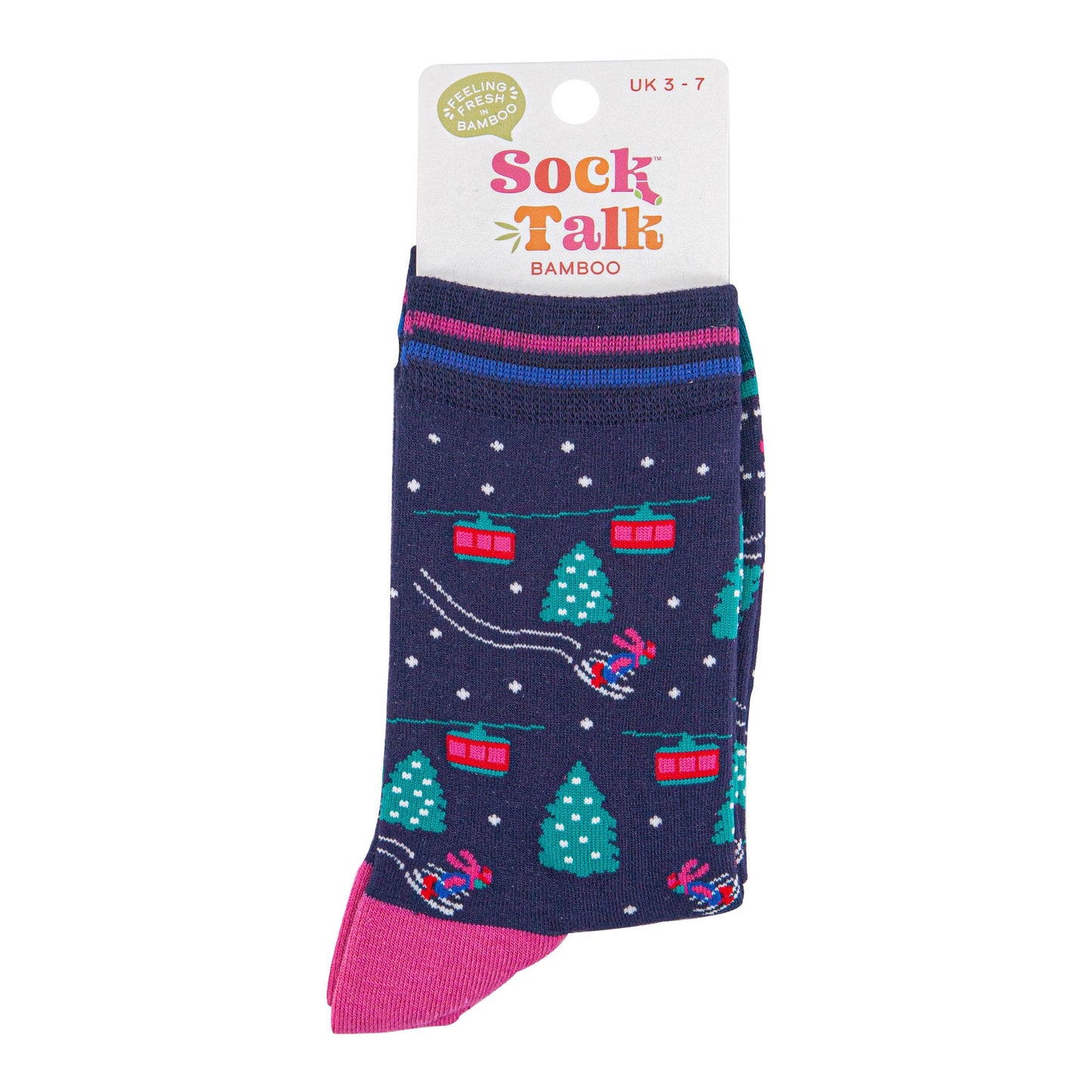 womens-bamboo-socks-navy-blue-green-cable-cars-and-trees-in-sock-talk-packaging