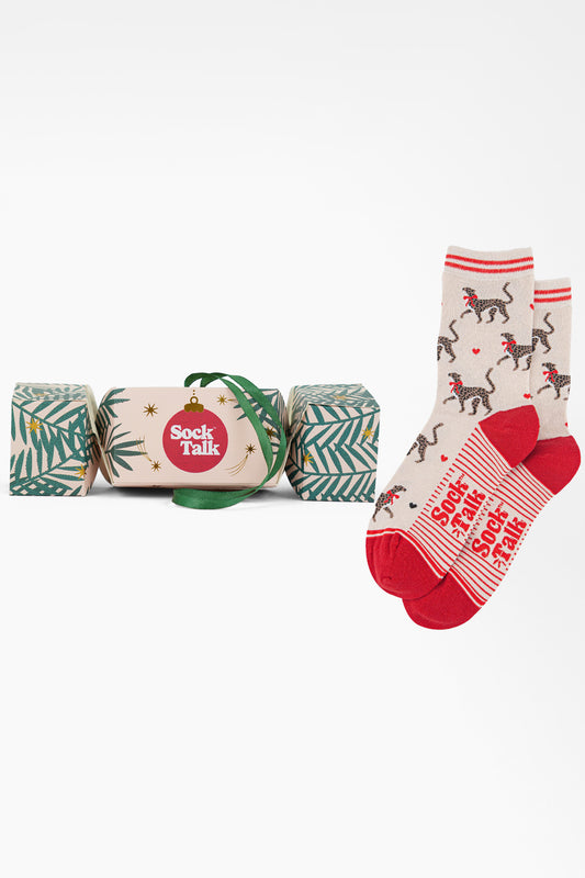 Women's Bamboo Ankle Socks Christmas Cracker Gift Box - Cream/Red, Winter Cheetah