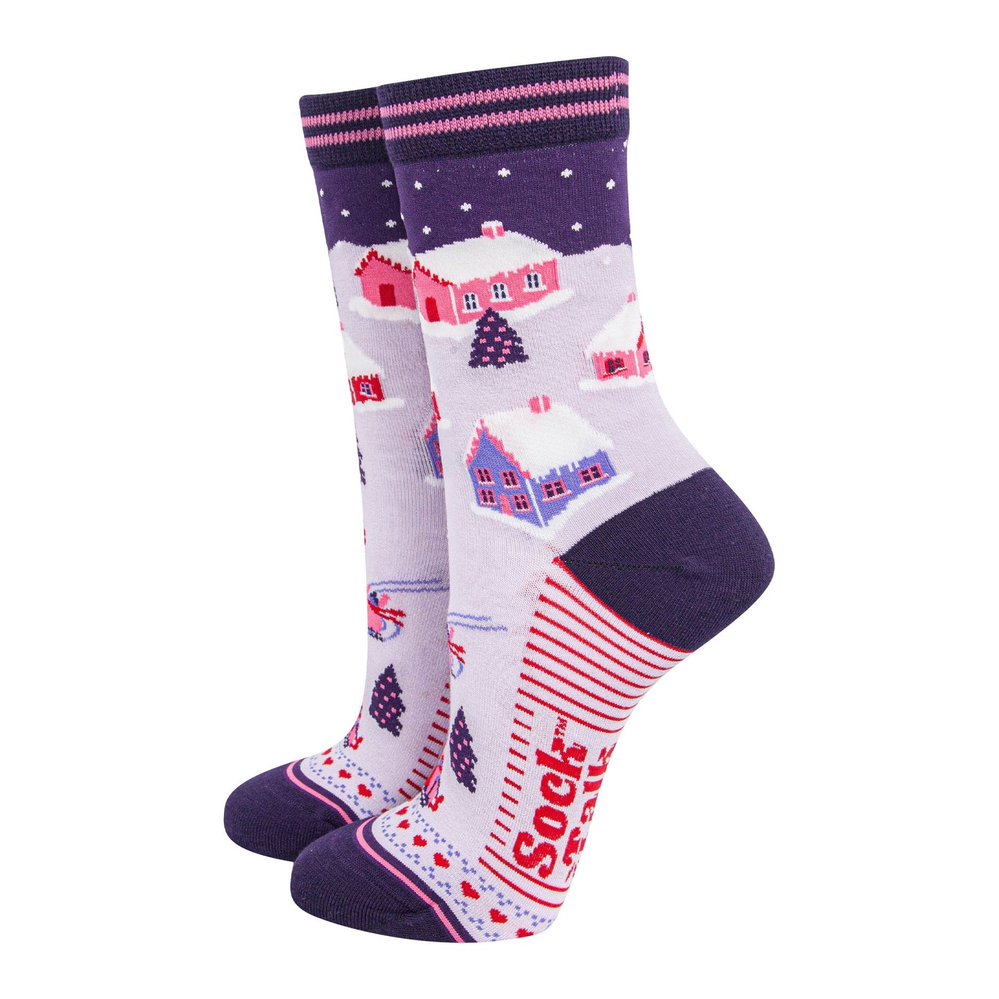 womens-bamboo-socks-navy-blue-winter-village-christmas-snow