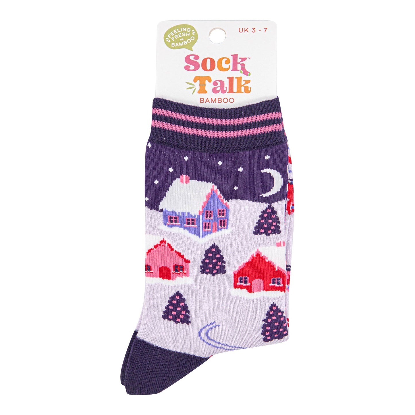 womens-bamboo-socks-navy-blue-winter-village-in-sock-talk-packaging