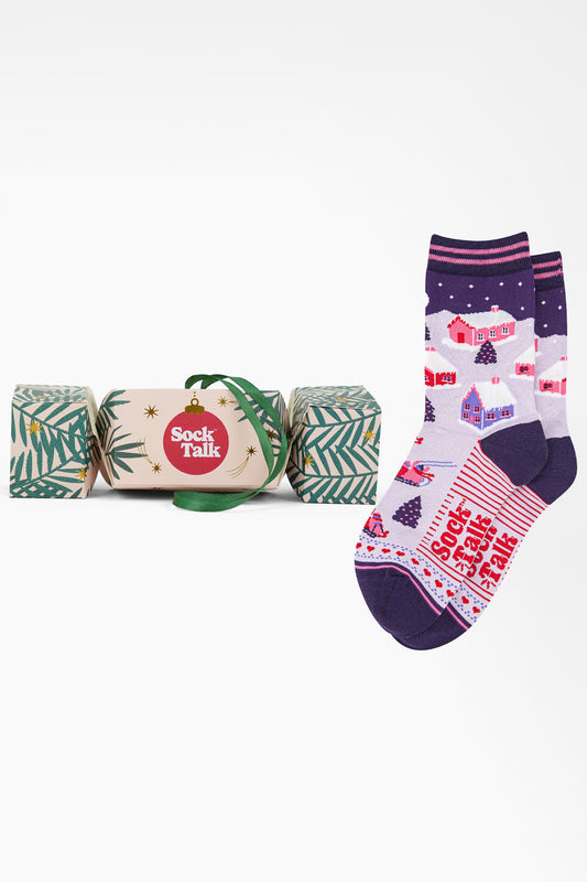 Women's Bamboo Ankle Socks Christmas Cracker Gift Box - Navy Blue/Pink, Winter Village