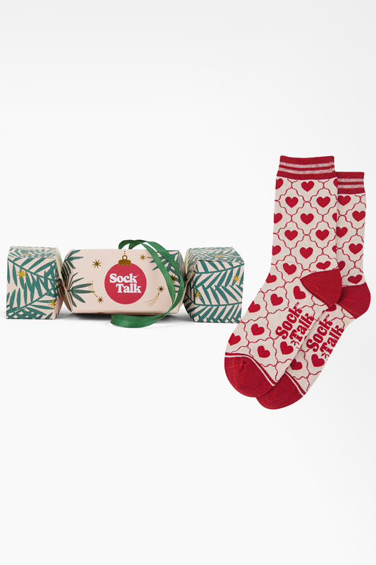 Women's Bamboo Ankle Socks Christmas Cracker Gift Box - Cream/Red, Heart Ribbon