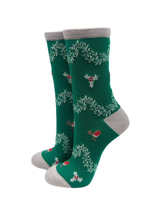 green bamboo socks with red robin birds and holly
