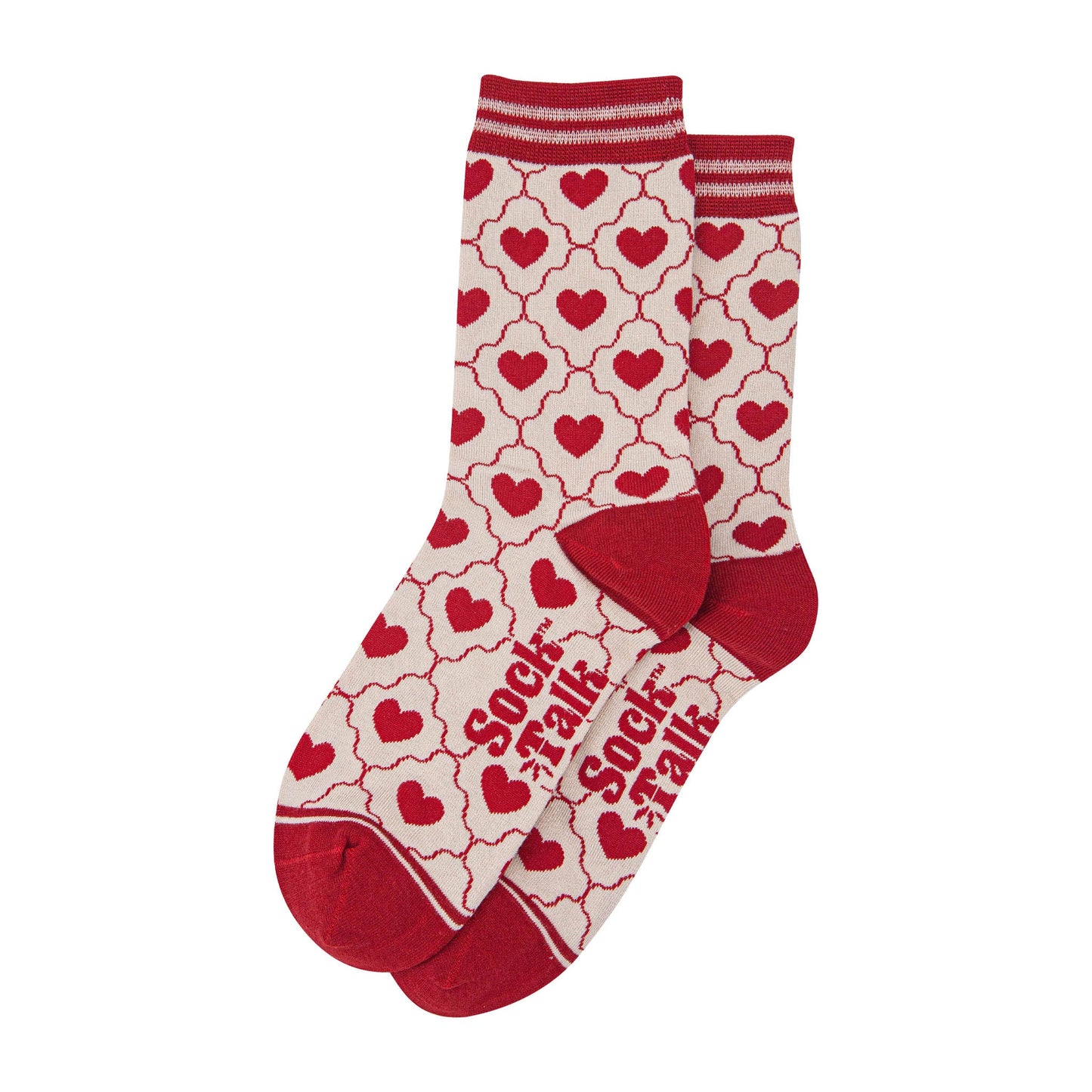 womens-bamboo-socks-cream-red-heart-ribbon-laying-flat