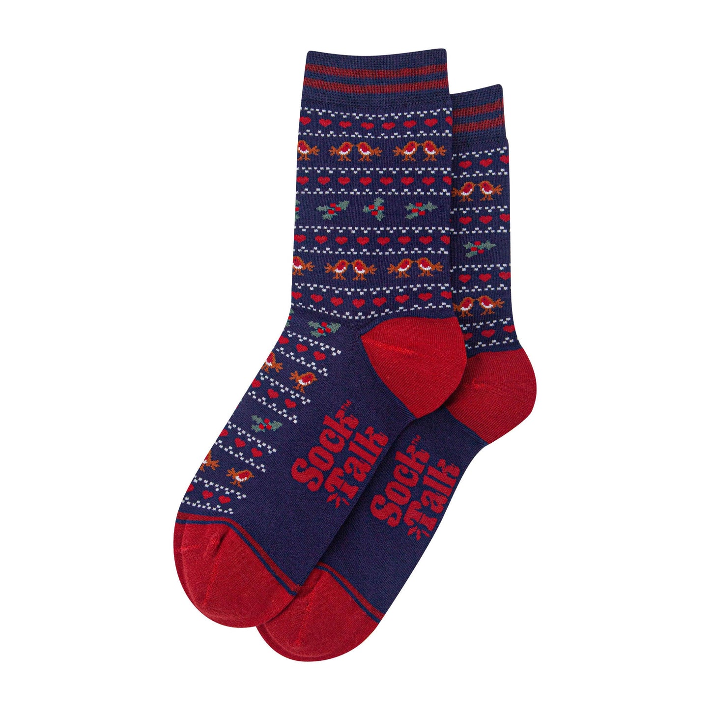 womens-bamboo-socks-navy-blue-red-robin-fair-isle-laying-flat
