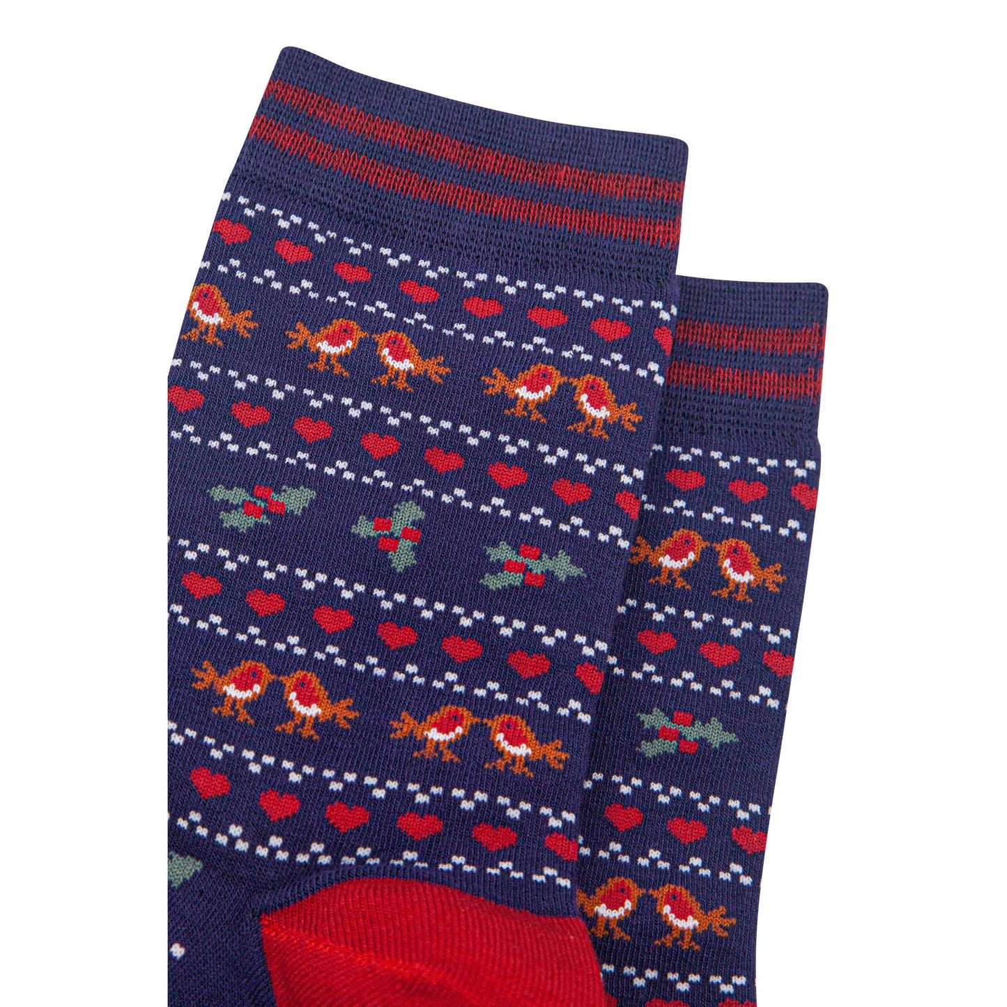 womens-bamboo-socks-navy-blue-red-robin-fair-isle-close-up