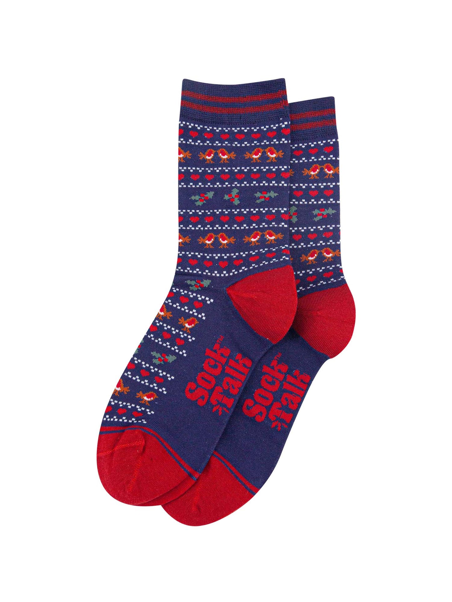 womens-bamboo-socks-navy-blue-red-robin-fair-isle-laying-flat