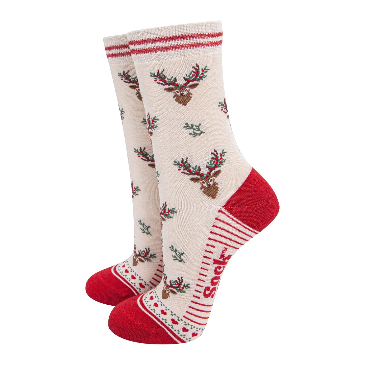 womens-bamboo-socks-cream-red-floral-reindeer-christmas