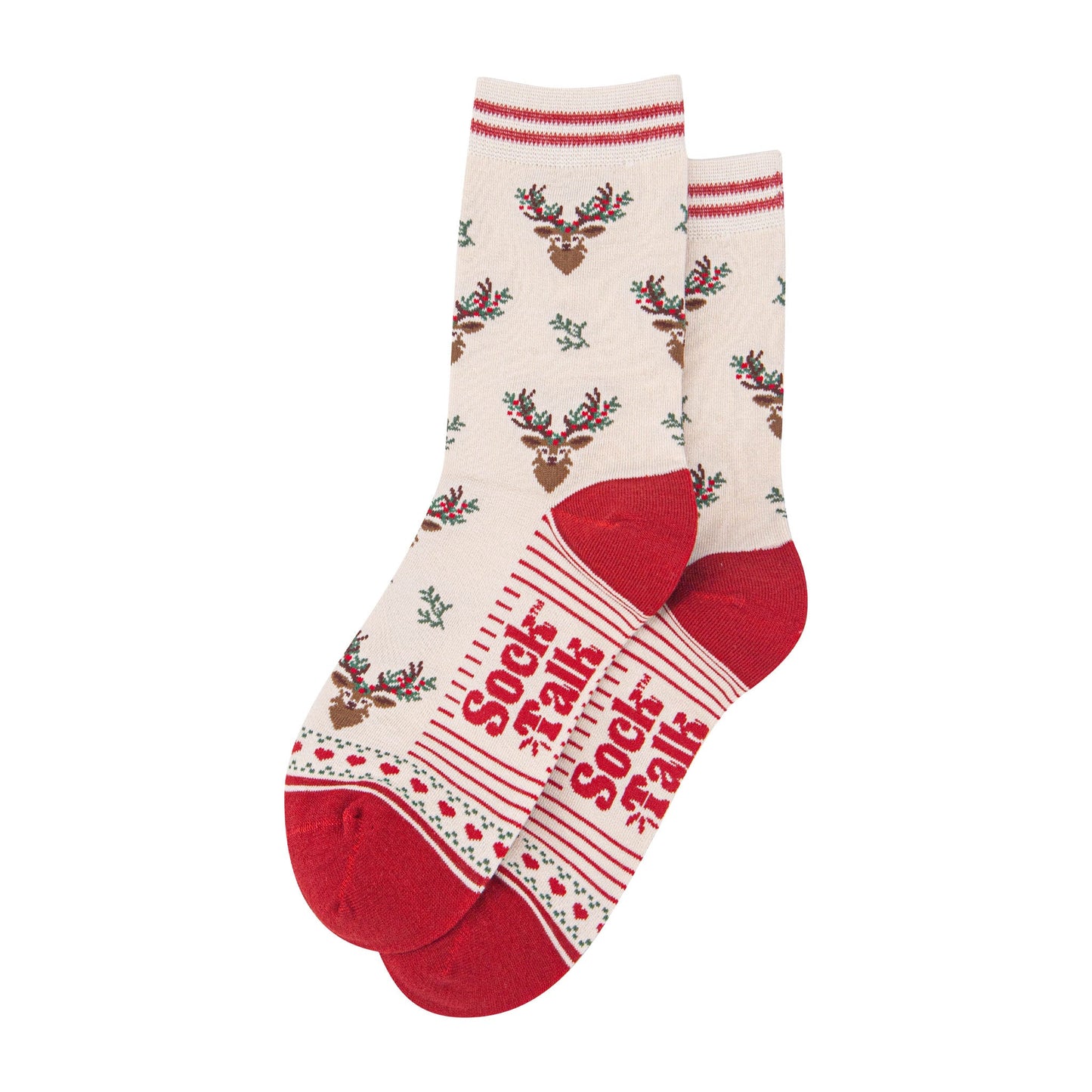 womens-bamboo-socks-cream-red-floral-reindeer-laying-flat