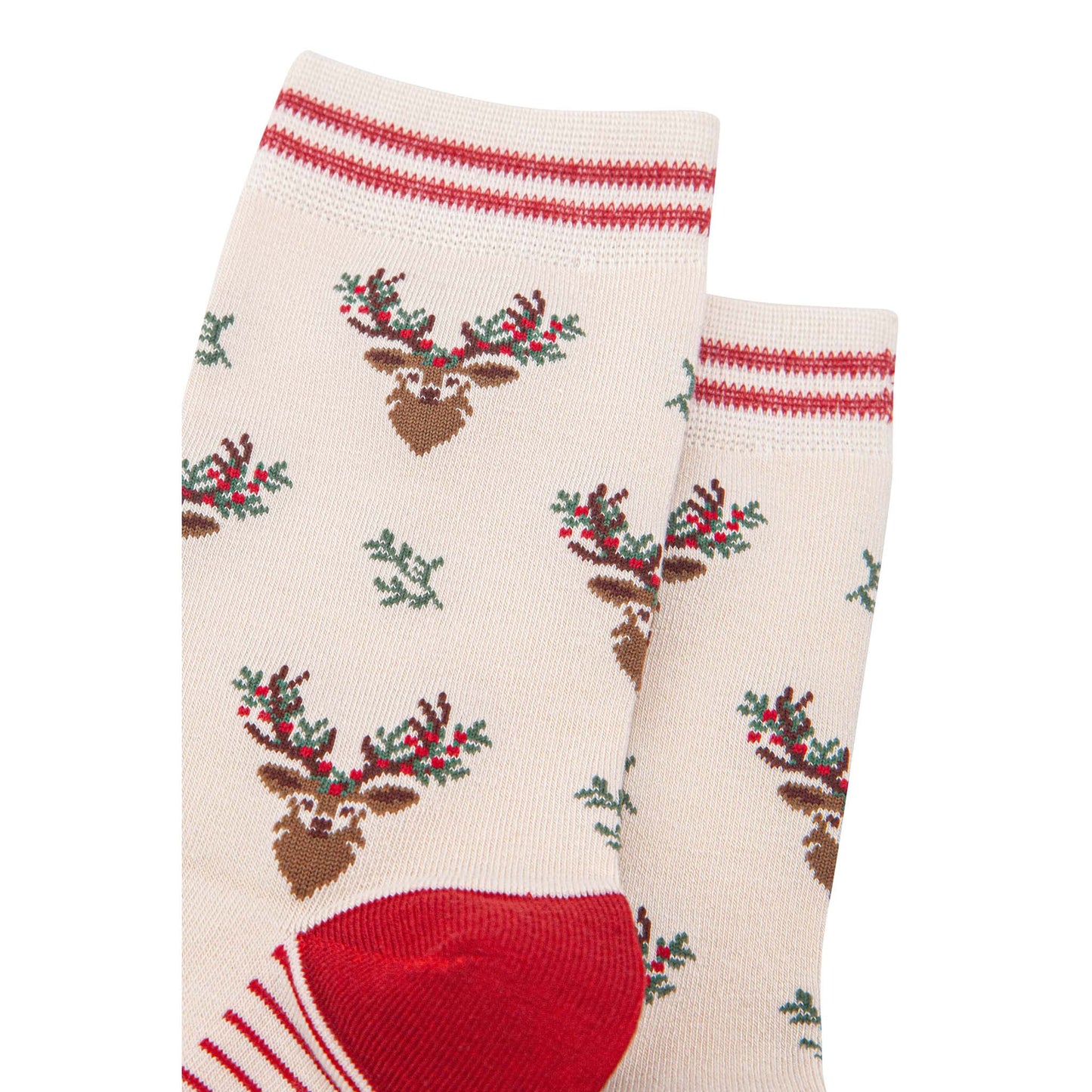 womens-bamboo-socks-cream-red-floral-reindeer-close-up