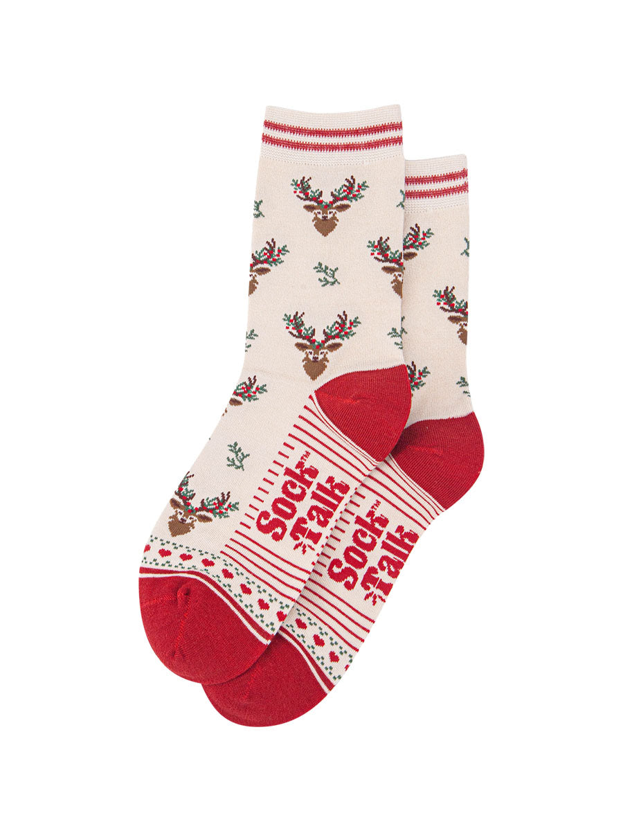 womens-bamboo-socks-cream-red-floral-reindeer-laying-flat