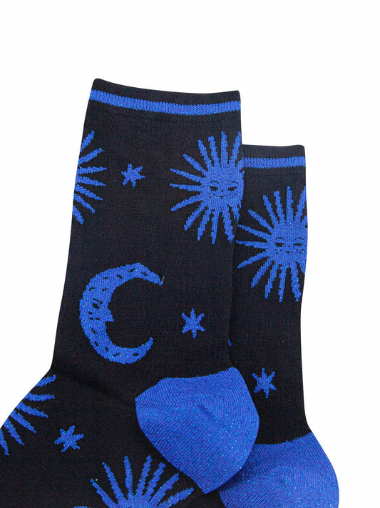 black bamboo ankle socks with a blue glitter star and moon pattern