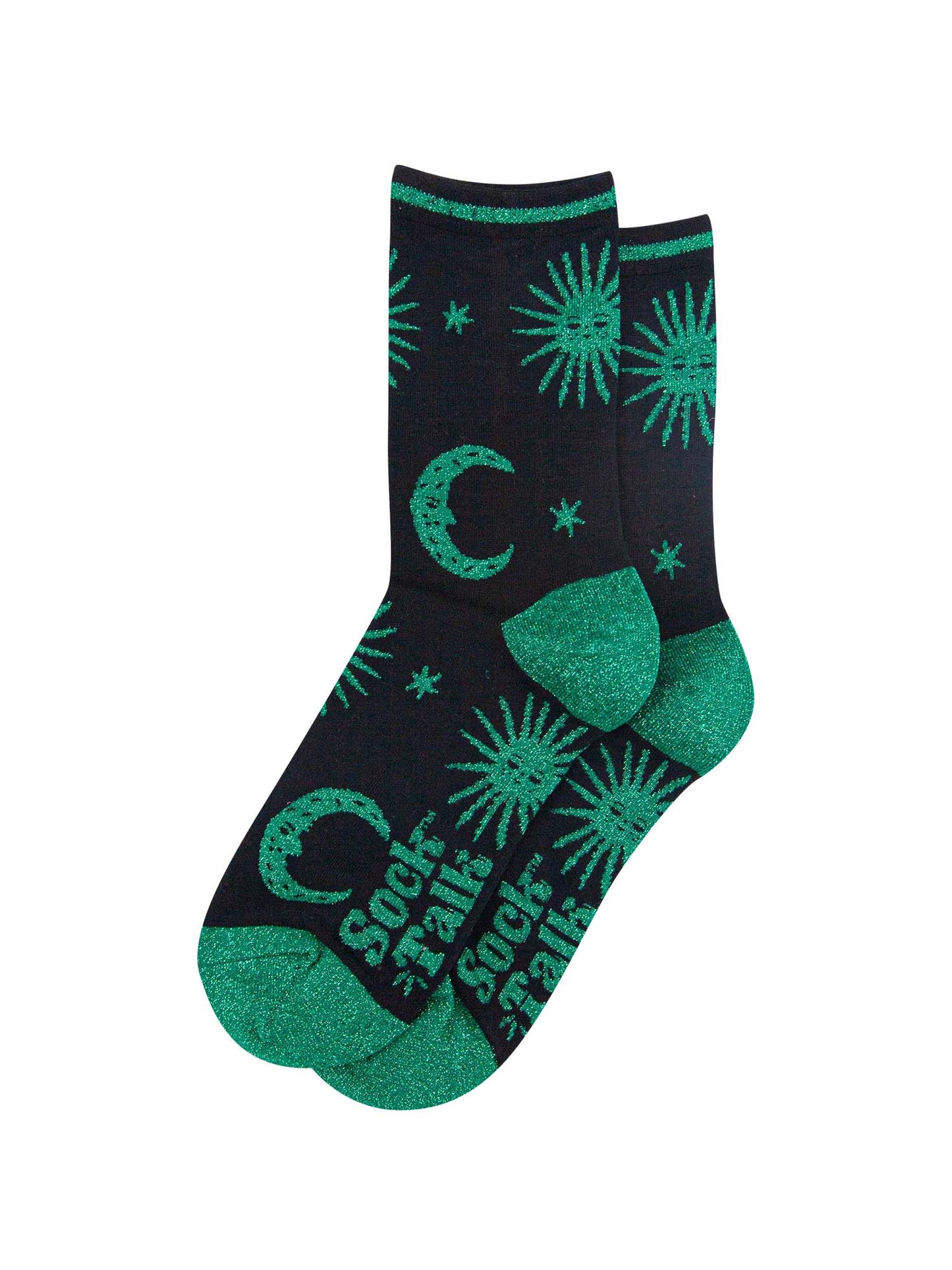 green and black star and moon glitter socks