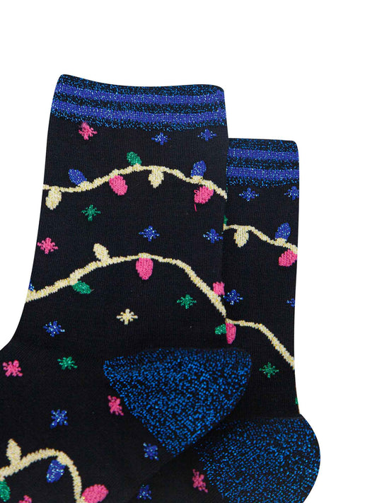 black bamboo socks with blue glitter heel, toe and trim with a multicoloured xmas lights patterns