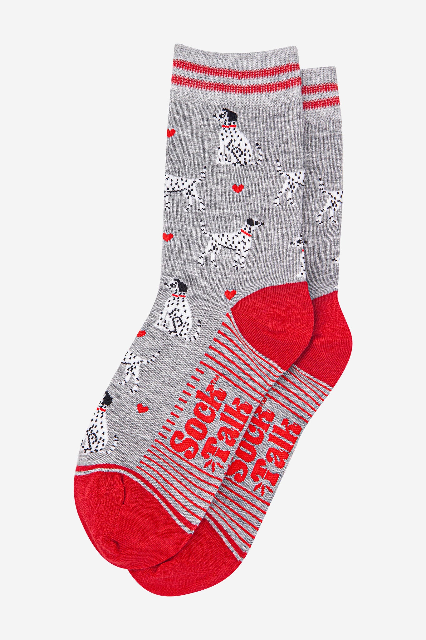 womens-bamboo-socks-light-grey-red-dalmatians-laying-flat
