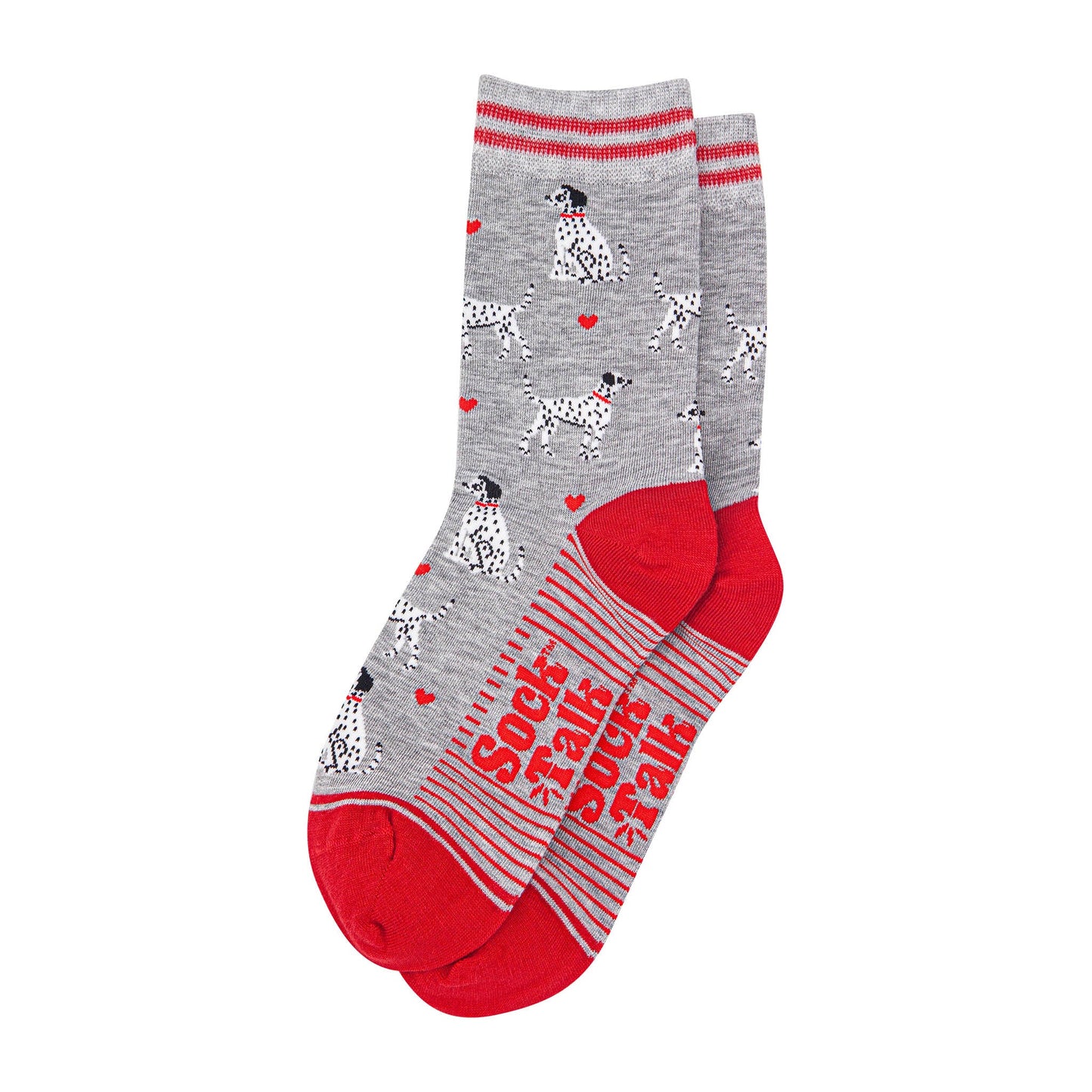 womens-bamboo-socks-light-grey-red-dalmatians-laying-flat