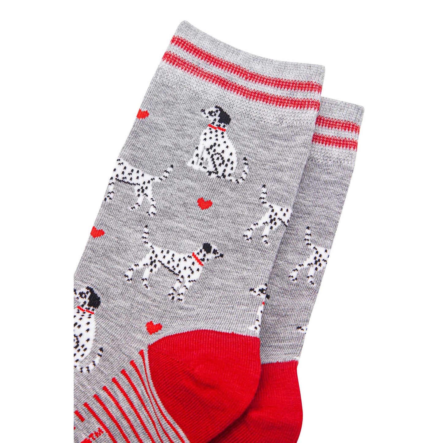womens-bamboo-socks-light-grey-red-dalmatians-close-up