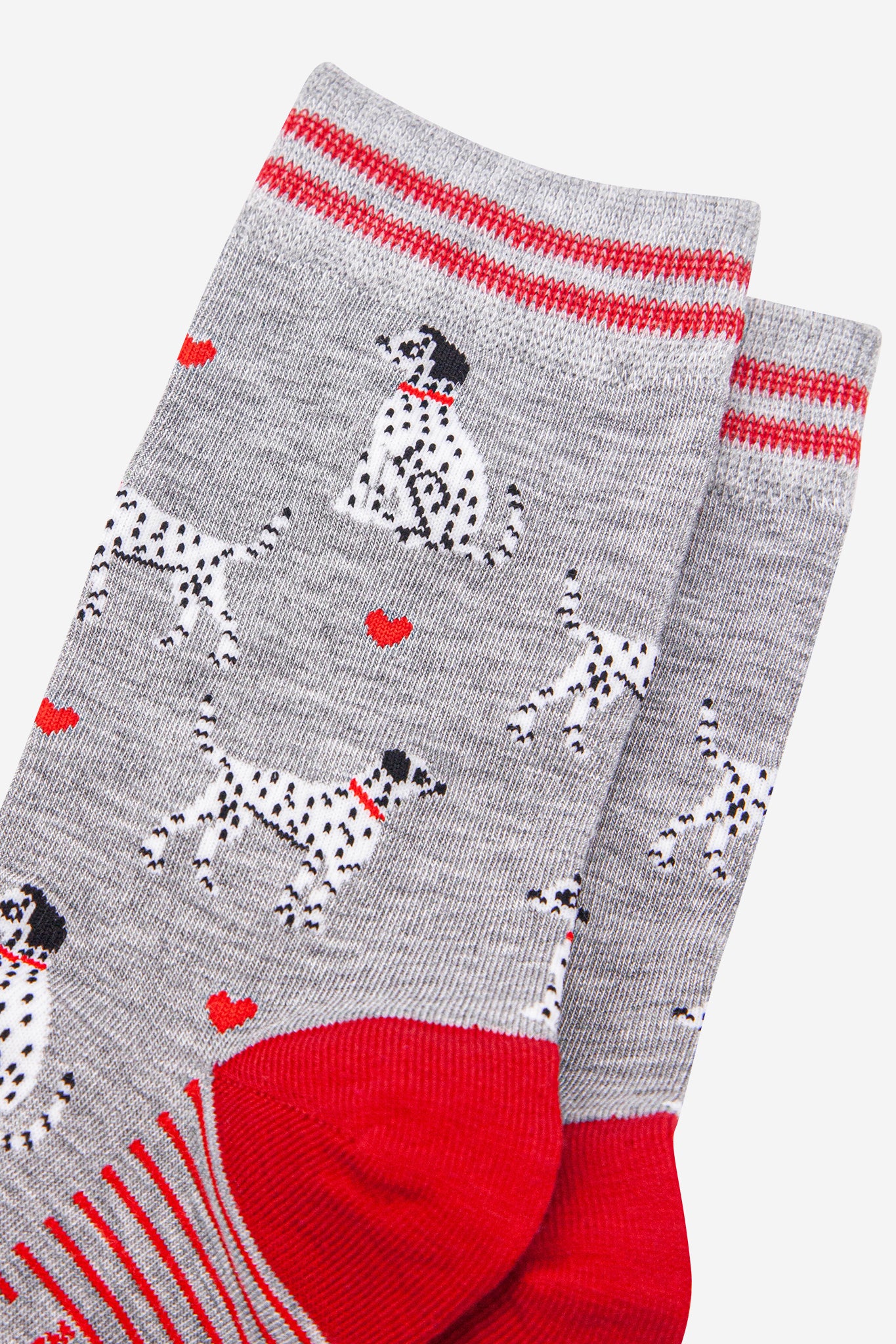 womens-bamboo-socks-light-grey-red-dalmatians-close-up