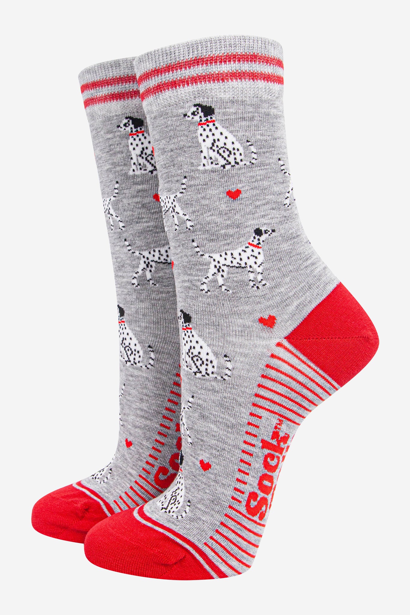 womens-bamboo-socks-light-grey-red-dalmatians-dogs
