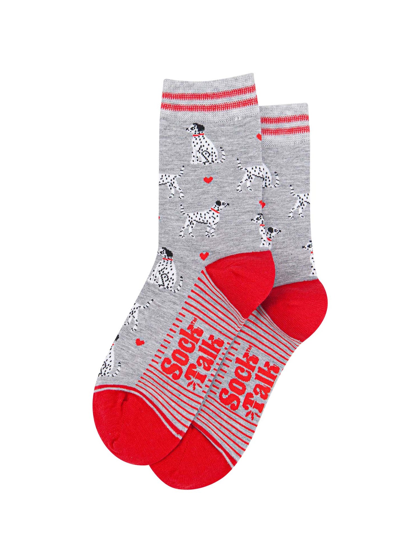 womens-bamboo-socks-light-grey-red-dalmatians-laying-flat
