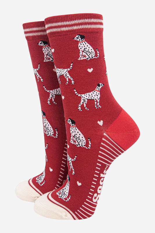 womens-bamboo-socks-red-cream-dalmatians-dogs